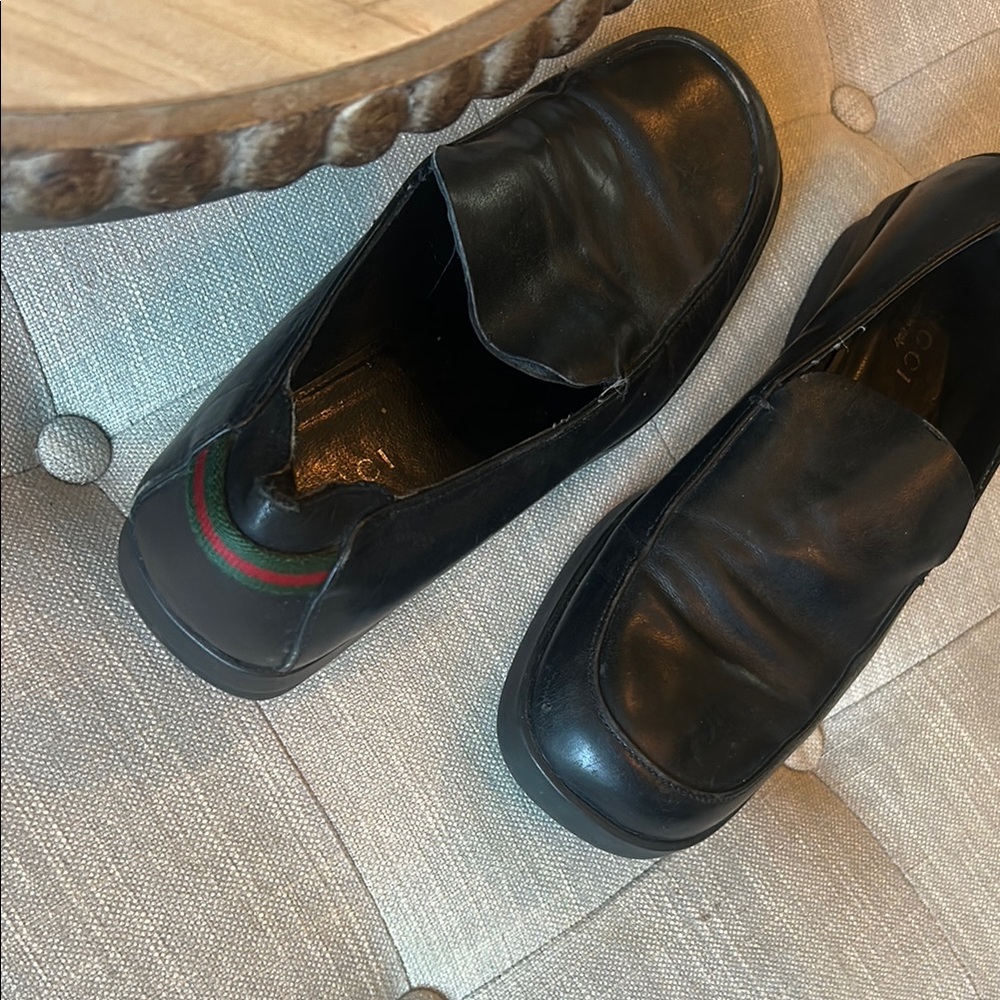 GUCCI Black Leather Signature Stripe Slip On Loafer Dress Shoes Size 9.5 D - Picture 4 of 10